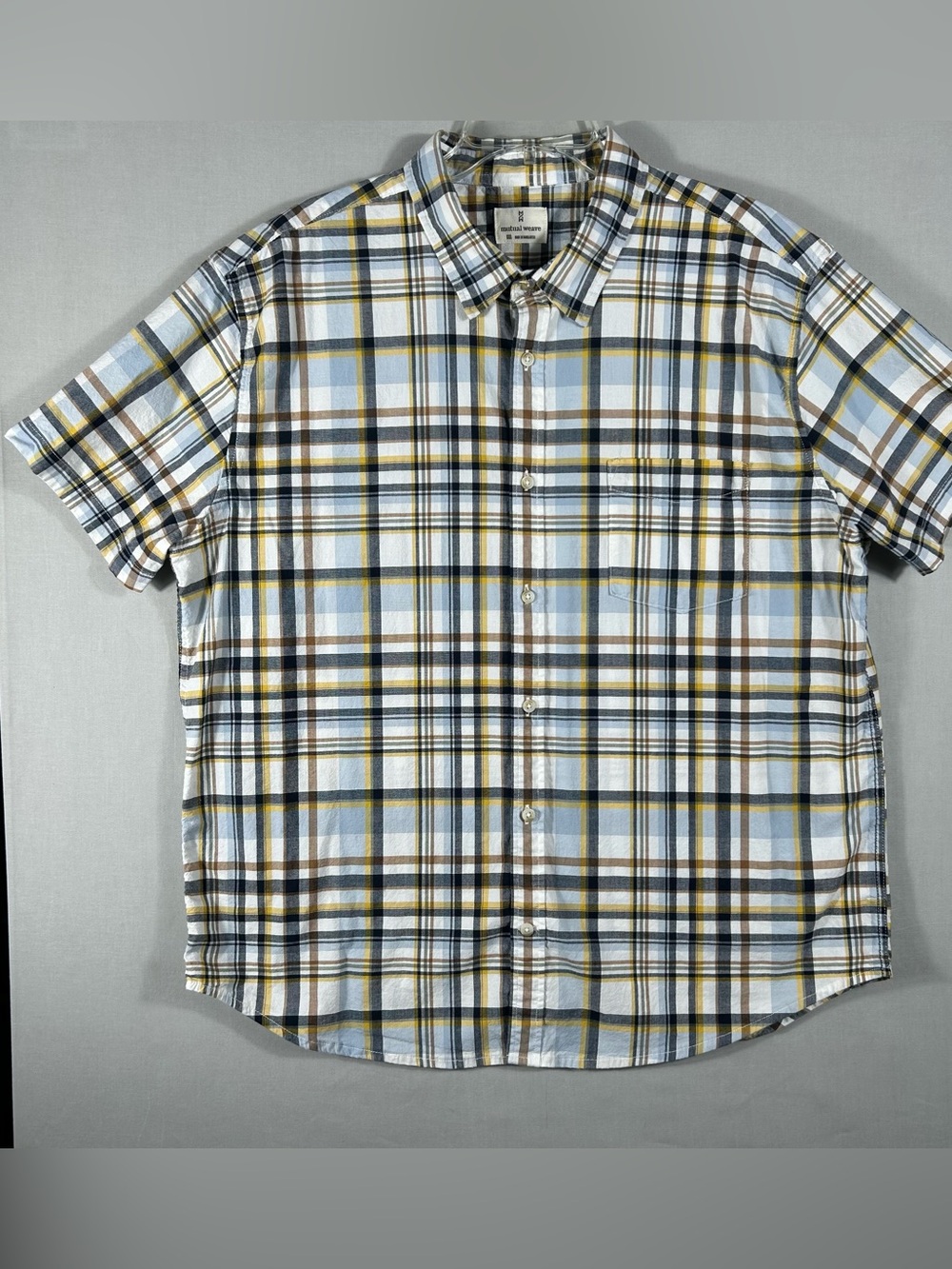 Mutual Weave Mens Shirt XXL Button-Up Short Sleeve Cotton Navy White Brown Plaid